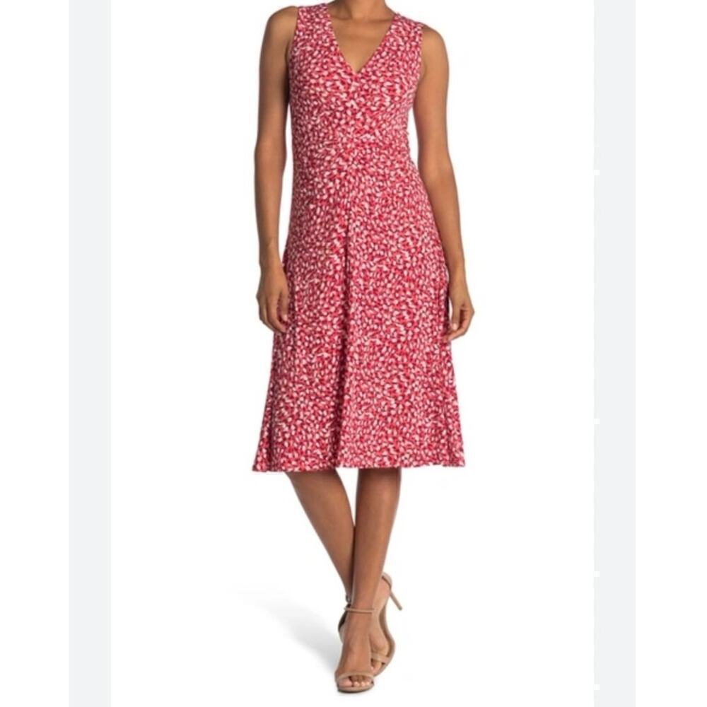 Vince Camuto Dotted Sleeveless V Neck Ruched Midi Dress In Persimmon Size 2